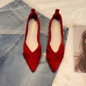 女婚鞋 女尖头瓢鞋 平底鞋 新款 红色单鞋 豆豆鞋 2025春季 浅口软底法式