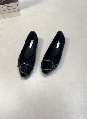 毛毛鞋法式气质尖头平底水钻浅口加绒单鞋女黑色棉飘鞋通勤工作鞋