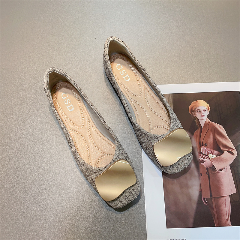 小香风方头平底单鞋女豆豆鞋