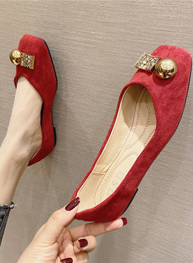 2025年春季新款网红仙女风软底单鞋女浅口百搭平底鞋子女红色婚鞋