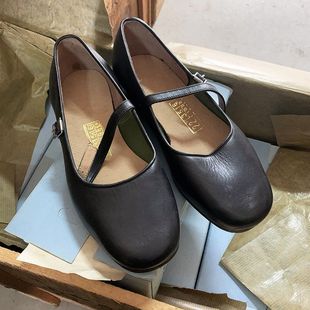 复古女元口低腰皮鞋圆口夏季浅口蓝盒头层牛皮搭扣平底单鞋