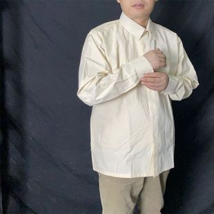 定制款单胸袋粗布衬衣男士春秋宽松系扣复古气质百搭本白长袖单上