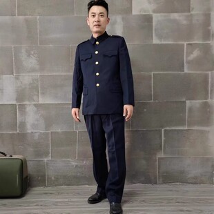 藏青马裤呢套装男士冬中老年防寒保暖加厚正装西服中山装蓝色