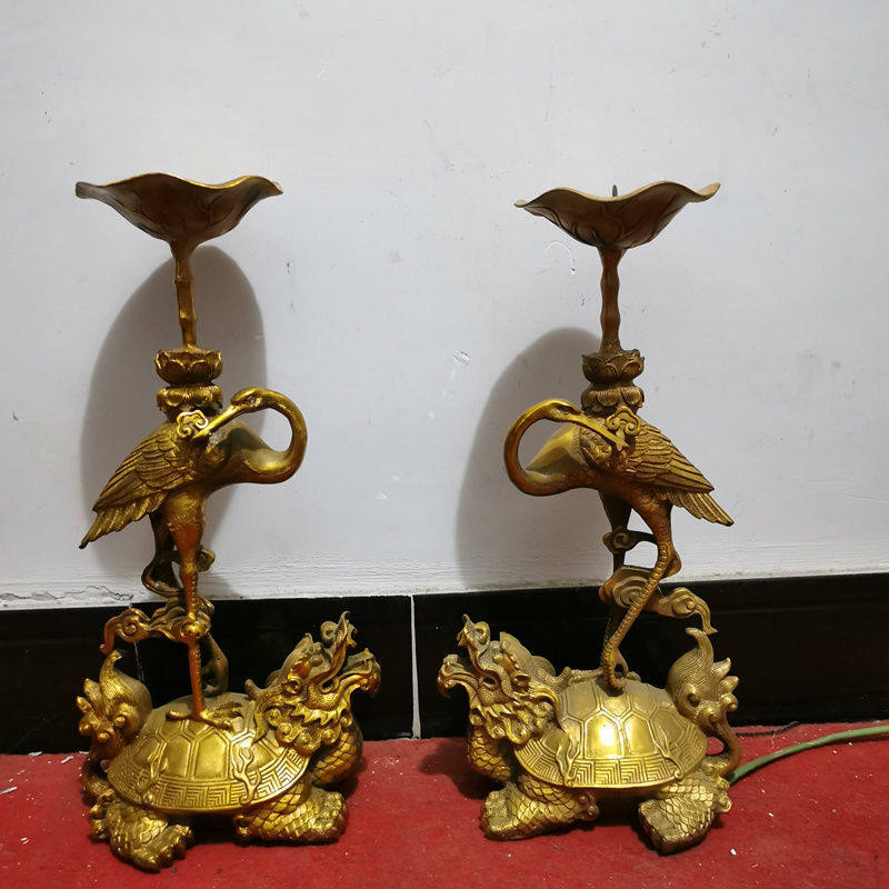 龙龟仙鹤烛台中式风摆件纯黄铜