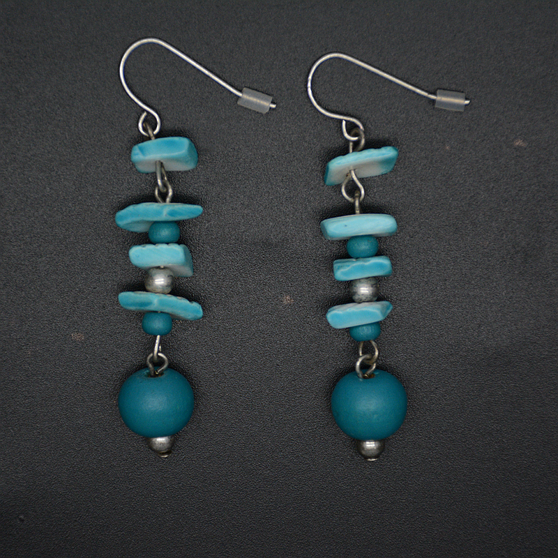 蓝色木头贝壳珠子长款女手工制作