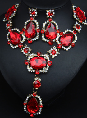 复古夸张方块大宝石水钻宴会礼服项链耳环首饰套装时尚摄影配饰品