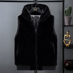 坎肩潮外套 仿水貂绒开衫 秋冬款 青年皮草情侣连帽背心毛绒马甲男装