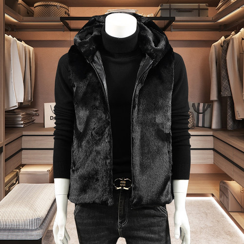连帽毛绒马甲男韩版潮流帅气外套