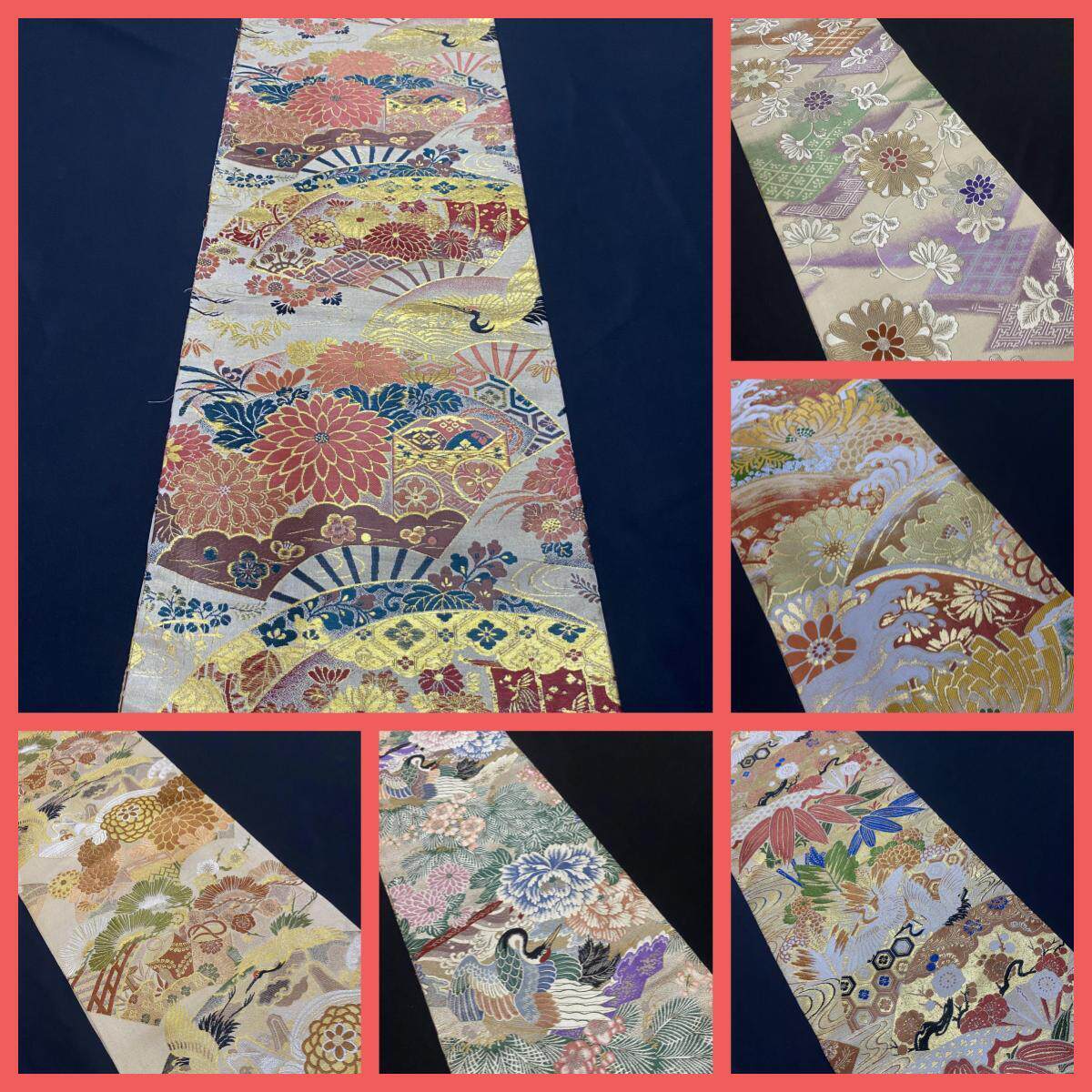 中古正绢西阵织日式手工和服双面全通织金丸带手工织金仙鹤