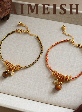 复古秋冬美拉德虎眼石葫芦红绳编织手链轻奢高级感气质百搭手饰女