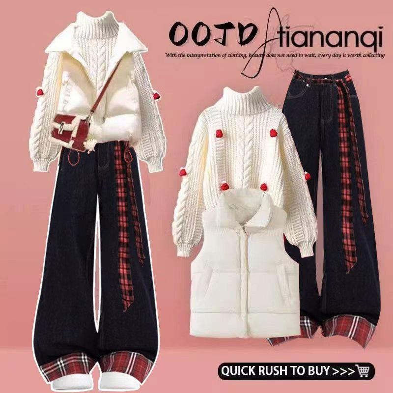 初高中女生冬季2025新款圣诞氛围感高领毛衣马甲棉服牛仔裤三件套