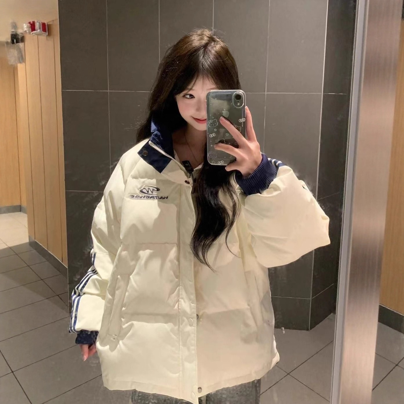 16岁冬季棉服13初高中学生14女大童15青少年刺绣三条杠撞色面包服