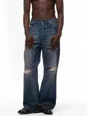 No/Faith Studios Italy Washed Blue Whiskered Patchwork Ripped Flared Denim Pants