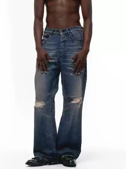 No/Faith Studios Italy Washed Blue Whiskered Patchwork Ripped Flared Denim Pants