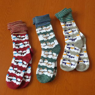 出日本拆标 秋冬女加厚内侧毛圈拉毛保暖袜 撞色袜筒可翻折2way穿