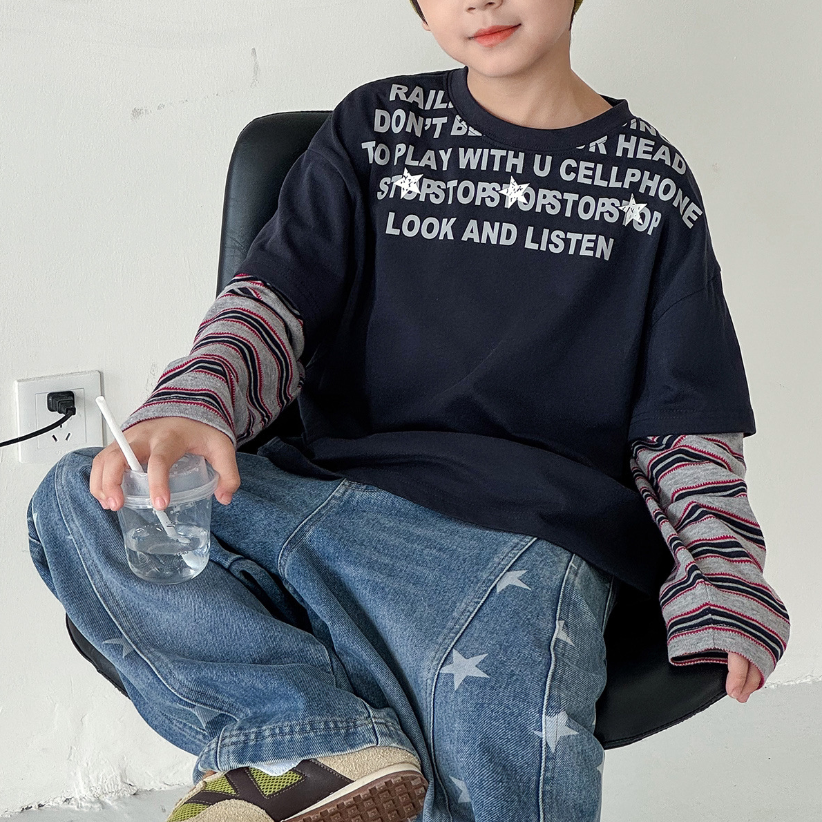儿童字母印花假两件上衣秋季新款男女童韩版条纹长袖T恤打底衫