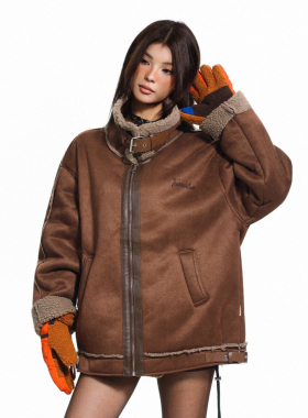 N-52TRW 美式立领麂皮绒羊羔毛棉服冬季加厚保暖宽松复古百搭外套