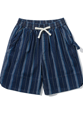 BSAPA 2025夏季休闲日系条纹水洗宽松短裤潮流男士宽松松紧系带裤