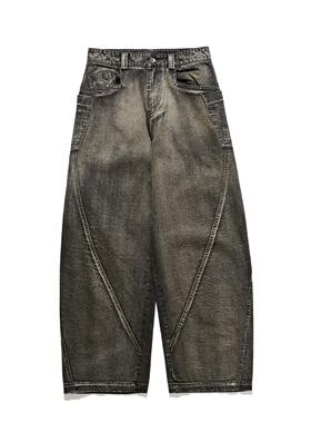 NICKE3RULE 秋季日系个性痞帅牛仔裤水洗做旧烟灰复古重磅弯刀裤