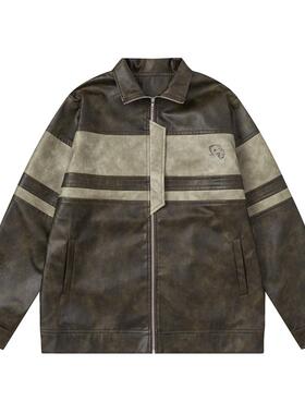 Beast Street 美式潮牌撞色拼接PU皮立领夹克机车风休闲宽松外套