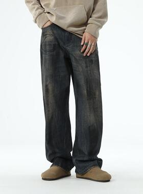 BLACK ARMADA 美式废土风做旧复古直筒牛仔裤脏脏早春痞帅阔腿裤