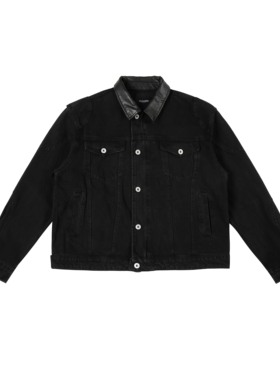 EPICURUS 美式复古PU翻领拼接廓形牛仔夹克小众重工休闲宽松外套