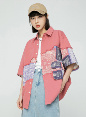 N-52TRW 夏季名族风腰果花拼接情侣衬衫宽松纯棉小众设计感工装衣
