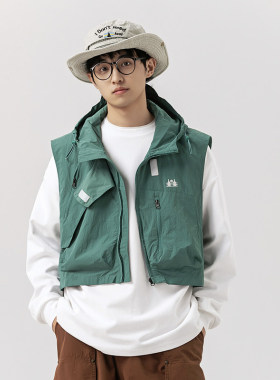 UNDREST秋季款学院风宽松连帽防风钓鱼背心复古山系马甲无袖外套