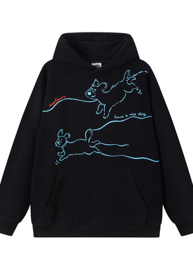 NEPLEURE 2025秋季设计感慵懒宽松连帽外套狗狗印花情侣休闲卫衣