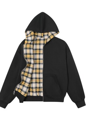 TAELE PLUS 复古黄格纹双面穿拉链卫衣帽衫秋冬季情侣廓形连帽衫