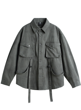 mayuEnjoy 美式潮牌工装机能系带长袖衬衫小众复古高街口袋外套