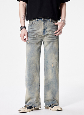 BLACK ARMADA 2025水洗做旧磨破直筒牛仔裤高街时尚宽松休闲长裤