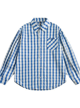 BOXXX日系休闲小众设计感格子拼接长袖衬衫美式复古学院风宽松衣