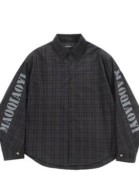 MAOQIAOYI 2025春季新款字母印花垫肩廓形格子衬衫复古百搭情侣衫