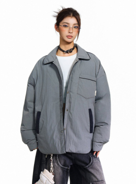 N-52TRW 冬季复古纯色夹棉工装棉服小众不规则下摆中性保暖棉衣