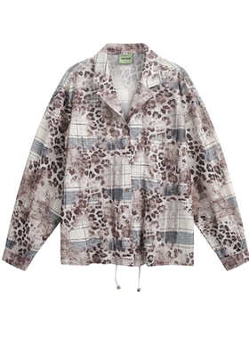 NEPLEURE 美式复古高街潮牌V领豹纹印花中性上衣轻薄长袖防晒衬衫