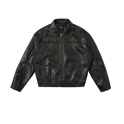 EPICURUS 美式街头痞帅百搭短款外套水洗做旧手工擦色PU皮衣夹克