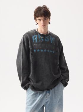 ANSWER ME 2025春季美式涂鸦字母水洗长袖T恤星星印花做旧卫衣