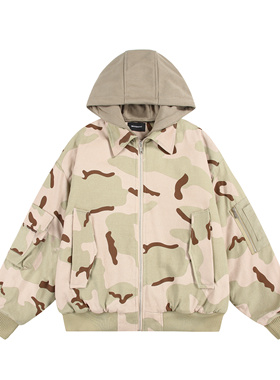 MAOQIAOYI 美式潮牌沙漠迷彩假两件连帽夹克宽松街头风工装外套