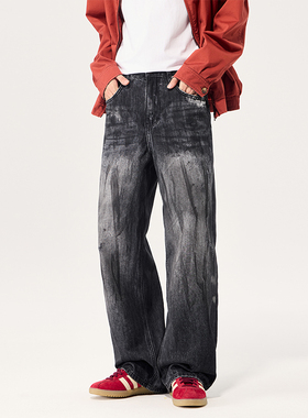 BLACK ARMADA 美式复古潮牌宽松痞帅牛仔裤中性风做旧抓痕休闲裤