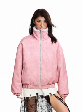 N-52TRW 2025冬季新款皮毛一体双面穿短裤棉服复古保暖立领外套