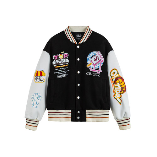 OLDTRIBE 秋季美式复古撞色字母刺绣宽松外套学院风情侣棒球服