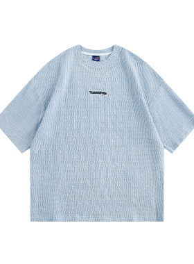 N-52TRW 日系复古刺绣肌理感情侣短袖学院风字母拼接宽松条纹上衣