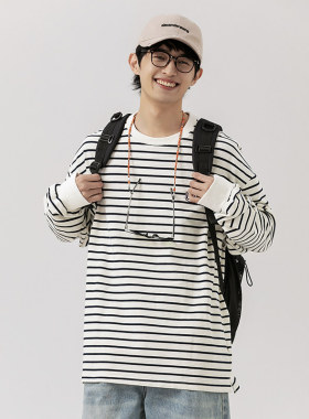 UNDREST秋季黑白条纹字母刺绣圆领卫衣情侣宽松撞色百搭打底上衣
