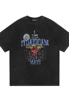 MAOQIAOYI 2025夏季新款水洗做旧印花短袖复古高街宽松重磅休闲衫