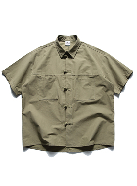 CROWDCTY 夏季宽松新中式盘扣少年感衬衫纯色设计感休闲方领上衣