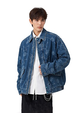 PLANETMUSIC 秋冬重工水洗翻领提花牛仔夹棉保暖外套复古休闲夹克