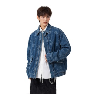PLANETMUSIC 秋冬重工水洗翻领提花牛仔夹棉保暖外套复古休闲夹克