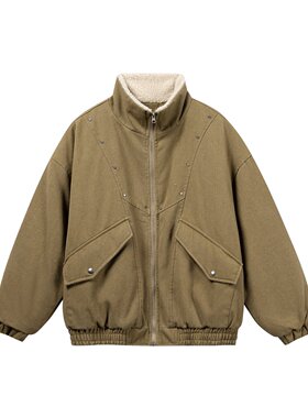 mayuEnjoy 2025冬季新款羊羔绒立领拼接棉衣美式加厚保暖口袋外套