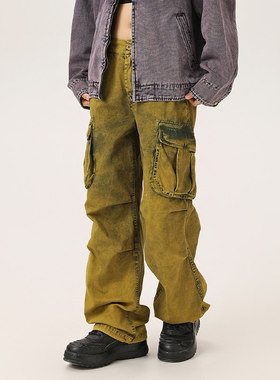 BLACK ARMADA 美式复古做旧蜡染工装直筒裤微喇宽松咔叽重工长裤